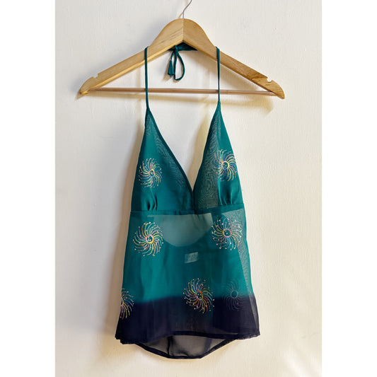 Teal blue embroidered halter top