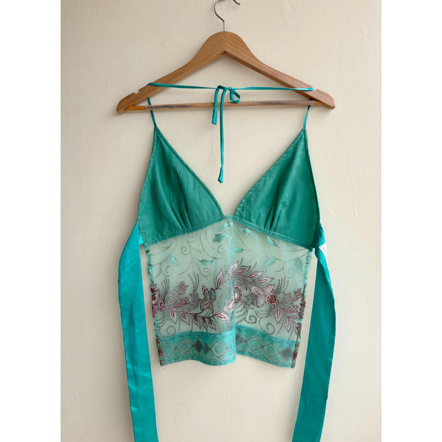 Teal floral embroidered top