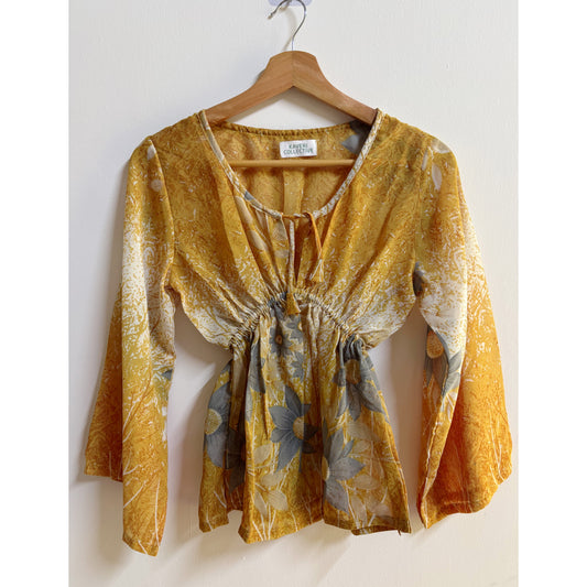 Golden Boho Floral Peasant Top