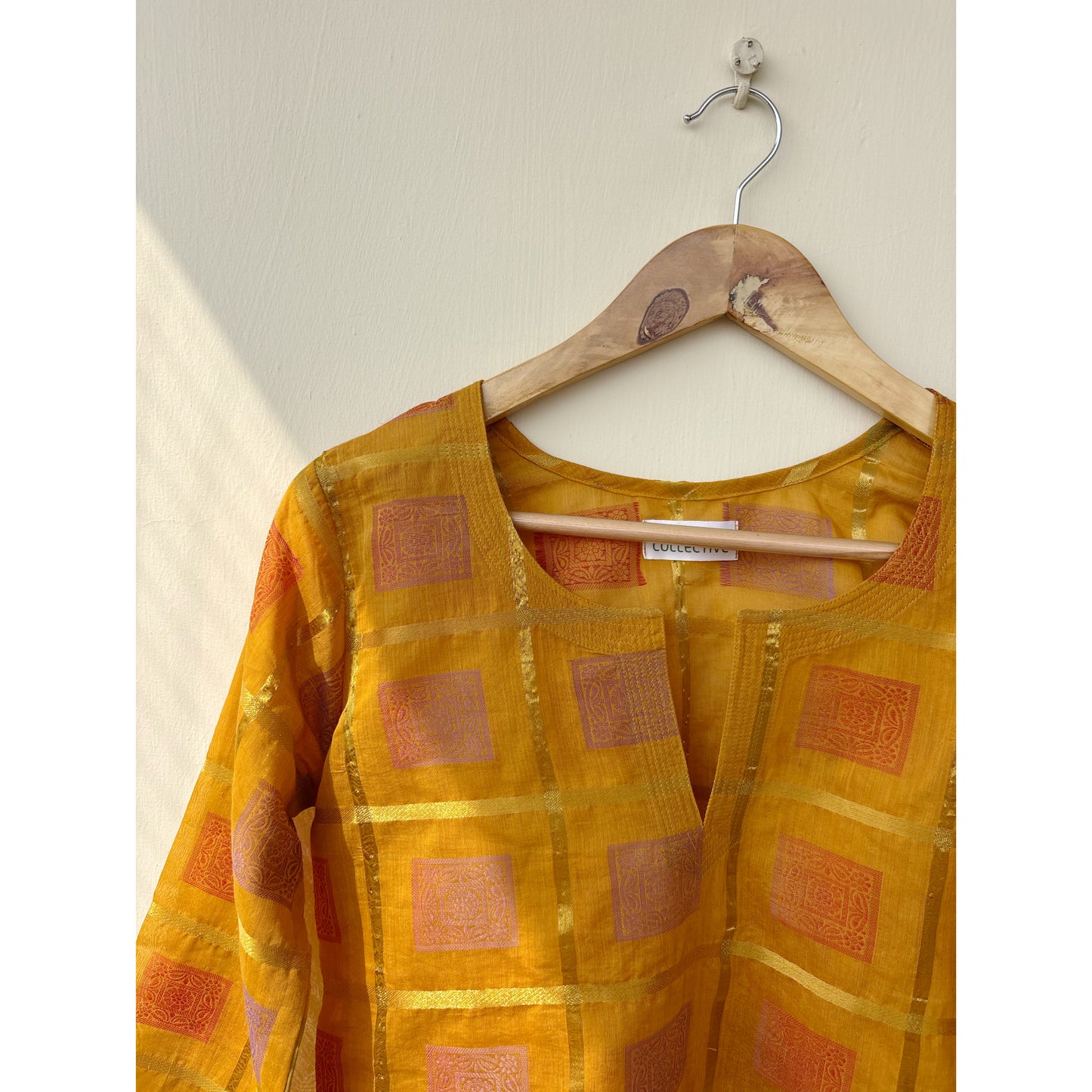 Mustard gold checkered kurta with border