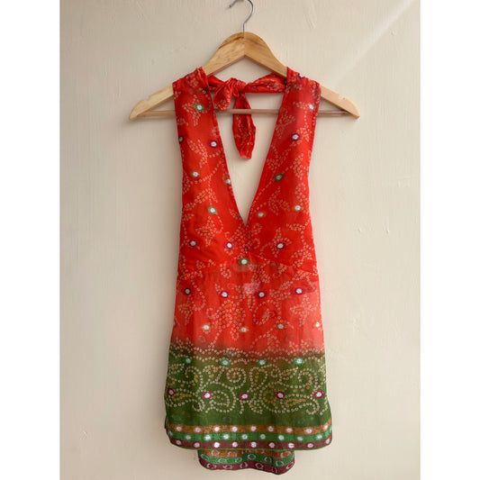 Orange green bandhani halter neck top