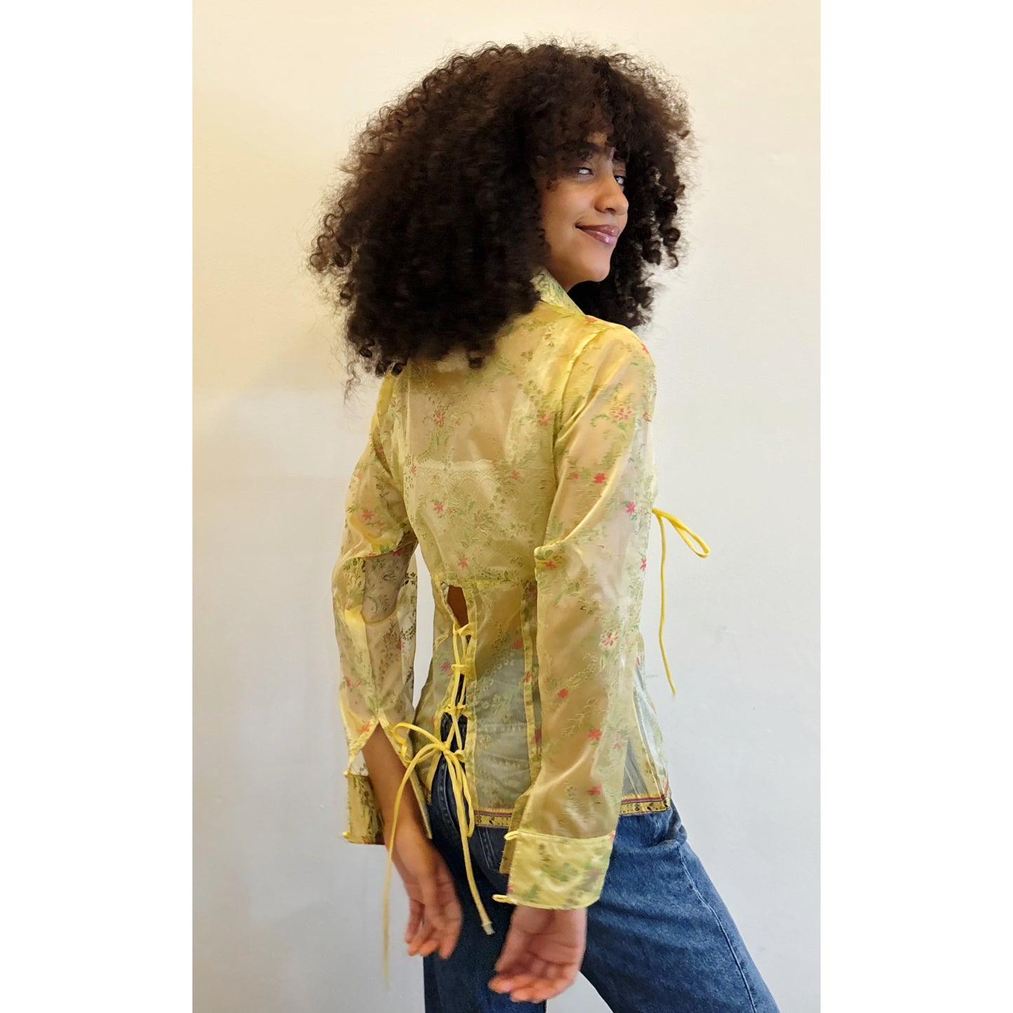 Butter yellow paisley pink flower shirt