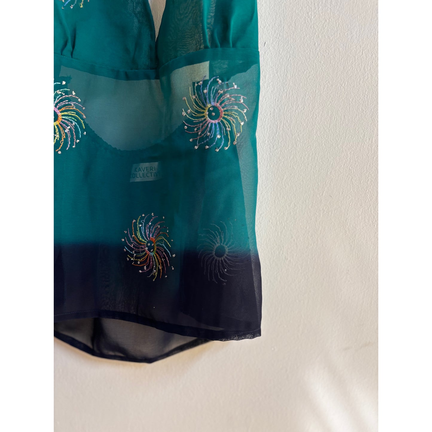 Teal blue embroidered halter top