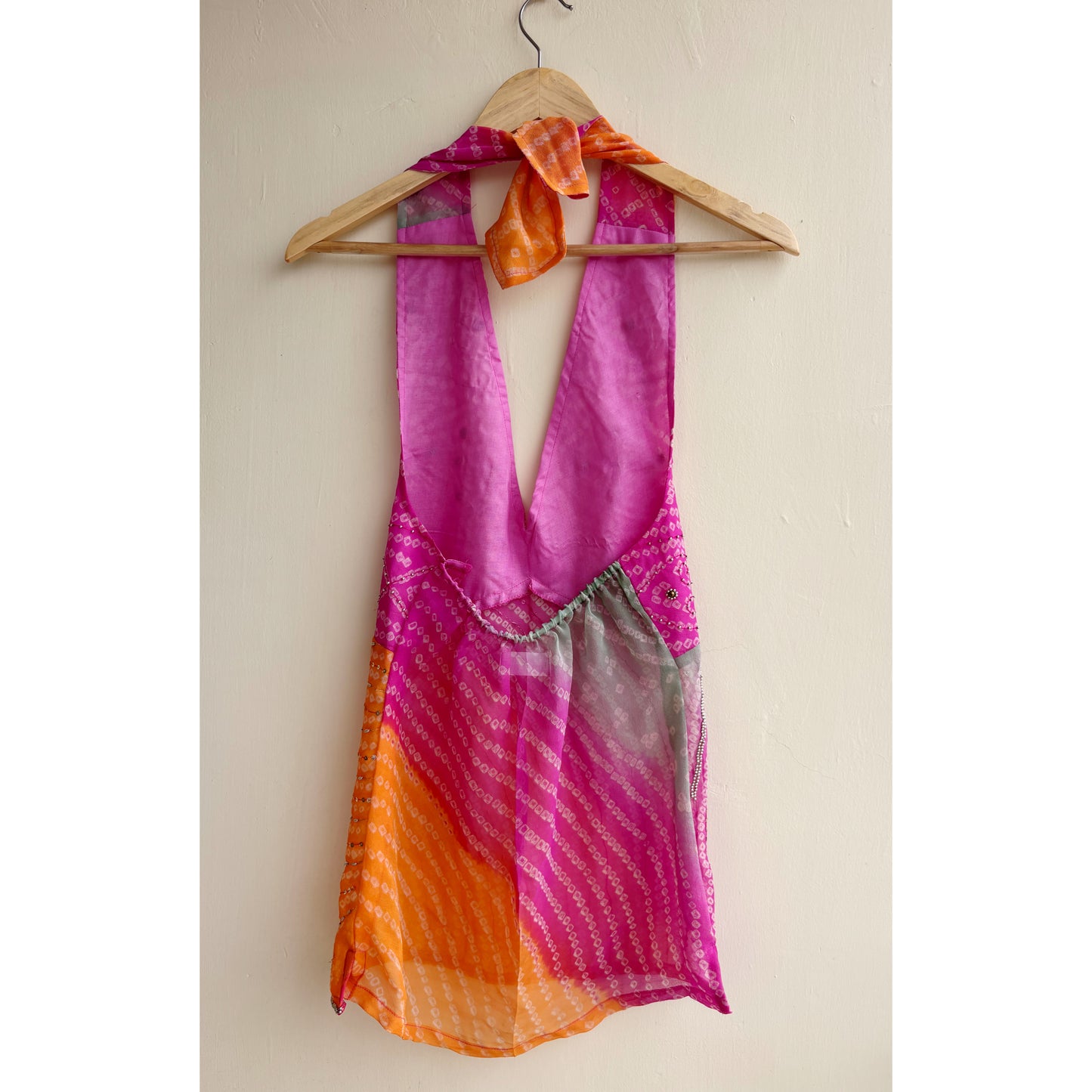 Pink orange beaded bandhani halter neck