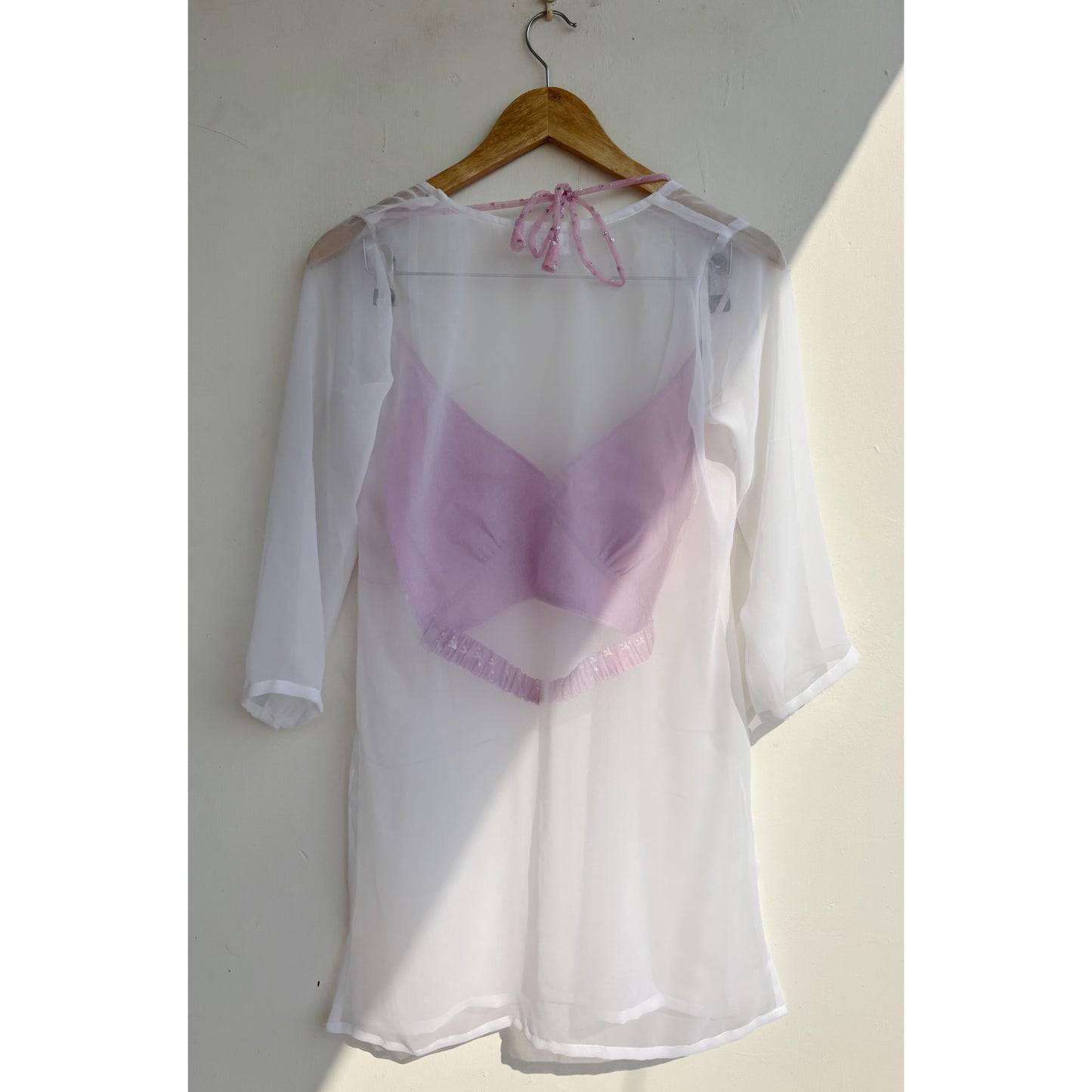 White sheer with pink embroidered bralette kurta