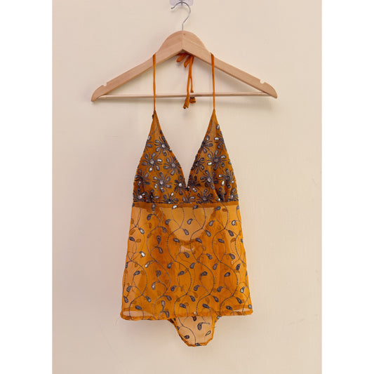 Mustard vintage motif halter neck top