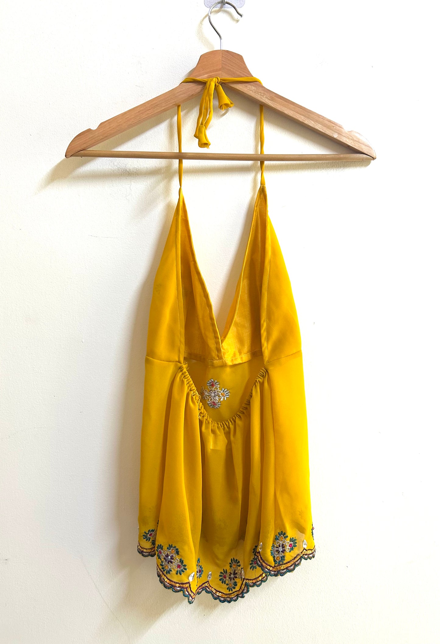 Yellow handwork bead halter neck top