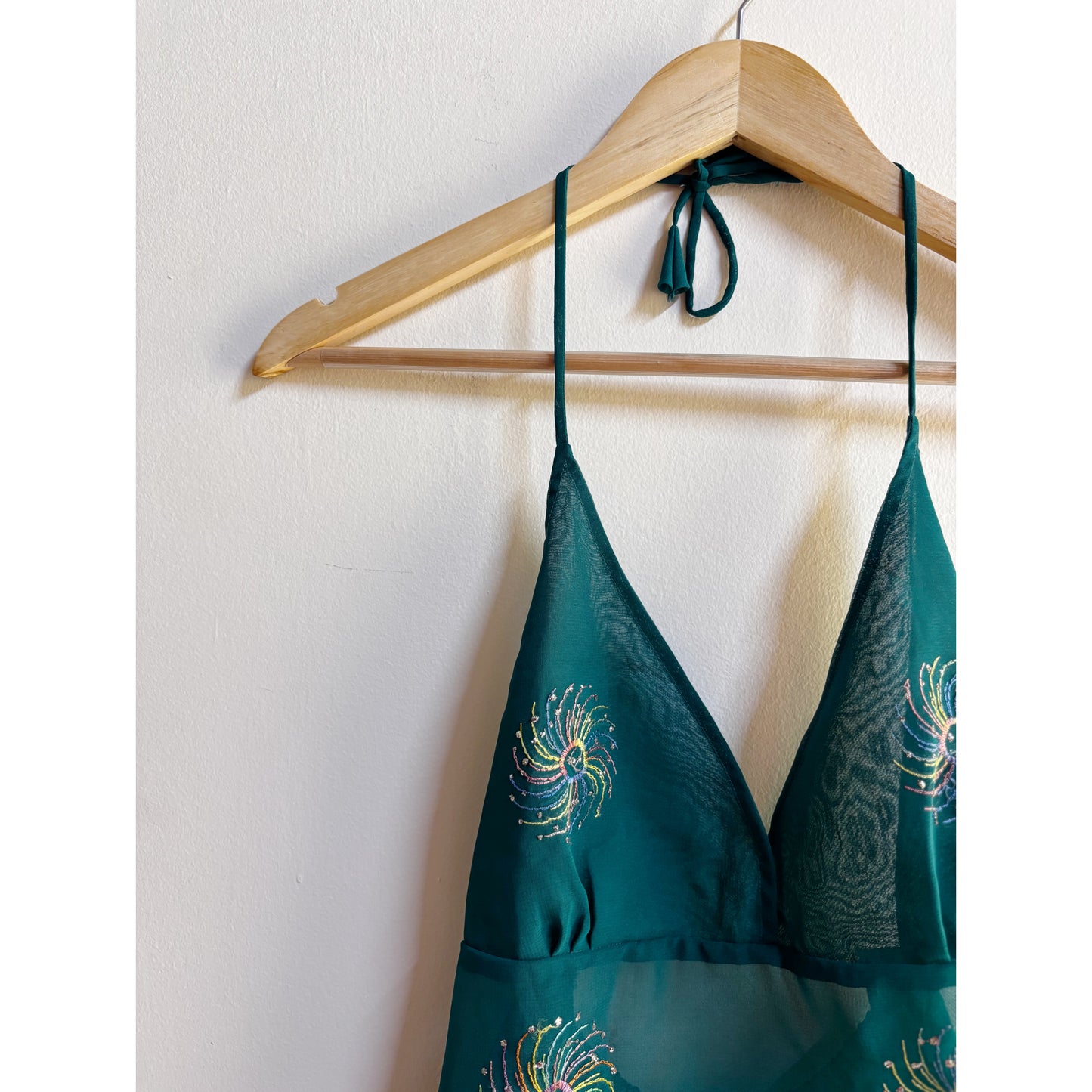 Teal blue embroidered halter top