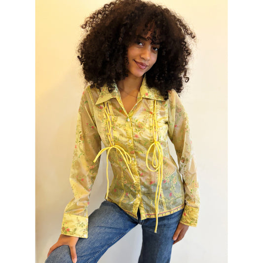 Butter yellow paisley pink flower shirt