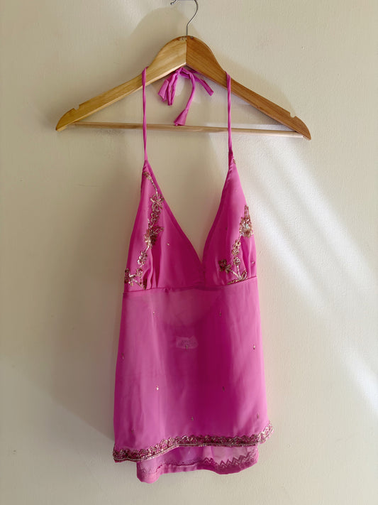 Pink with gold handwork halter neck top