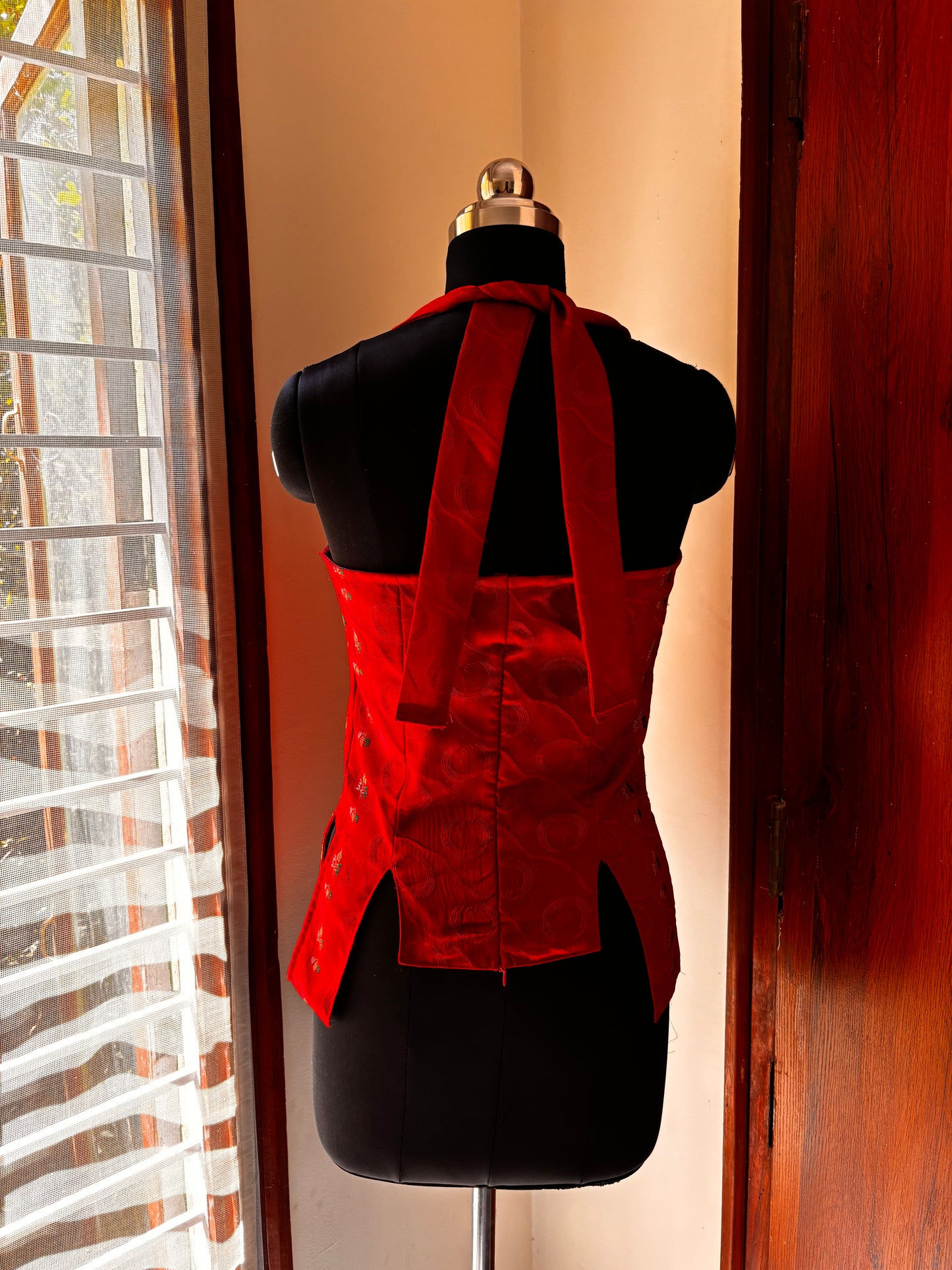 Crimson red embroidered corset