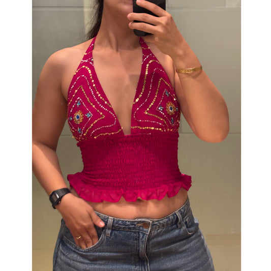 Hot pink Embroidered Mirrorwork
Halter Top