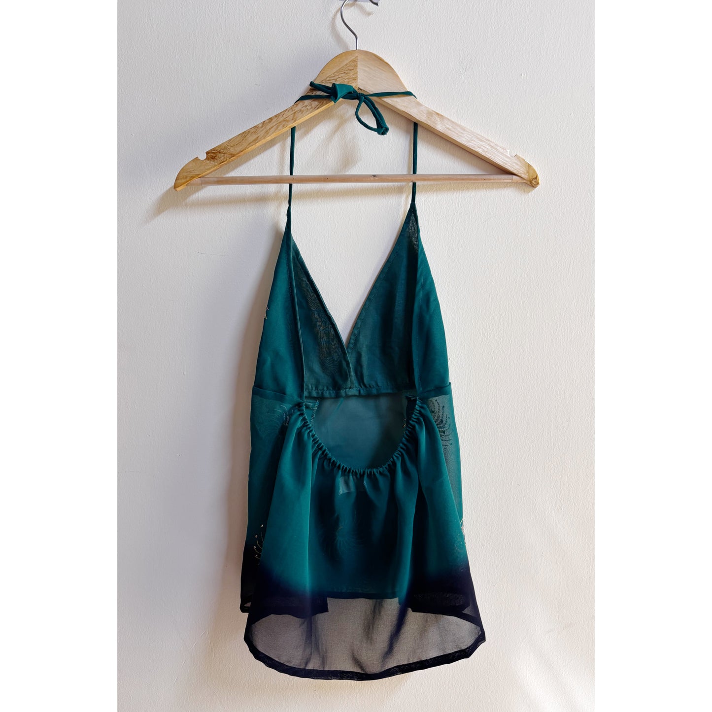 Teal blue embroidered halter top