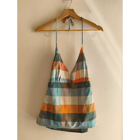Multicolour stripe checkered top