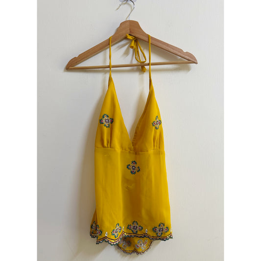 Yellow handwork bead halter neck top