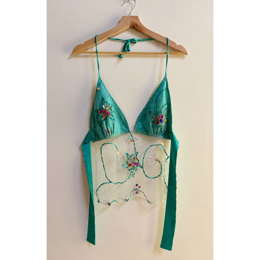 Mystic garden teal embellished mesh top
