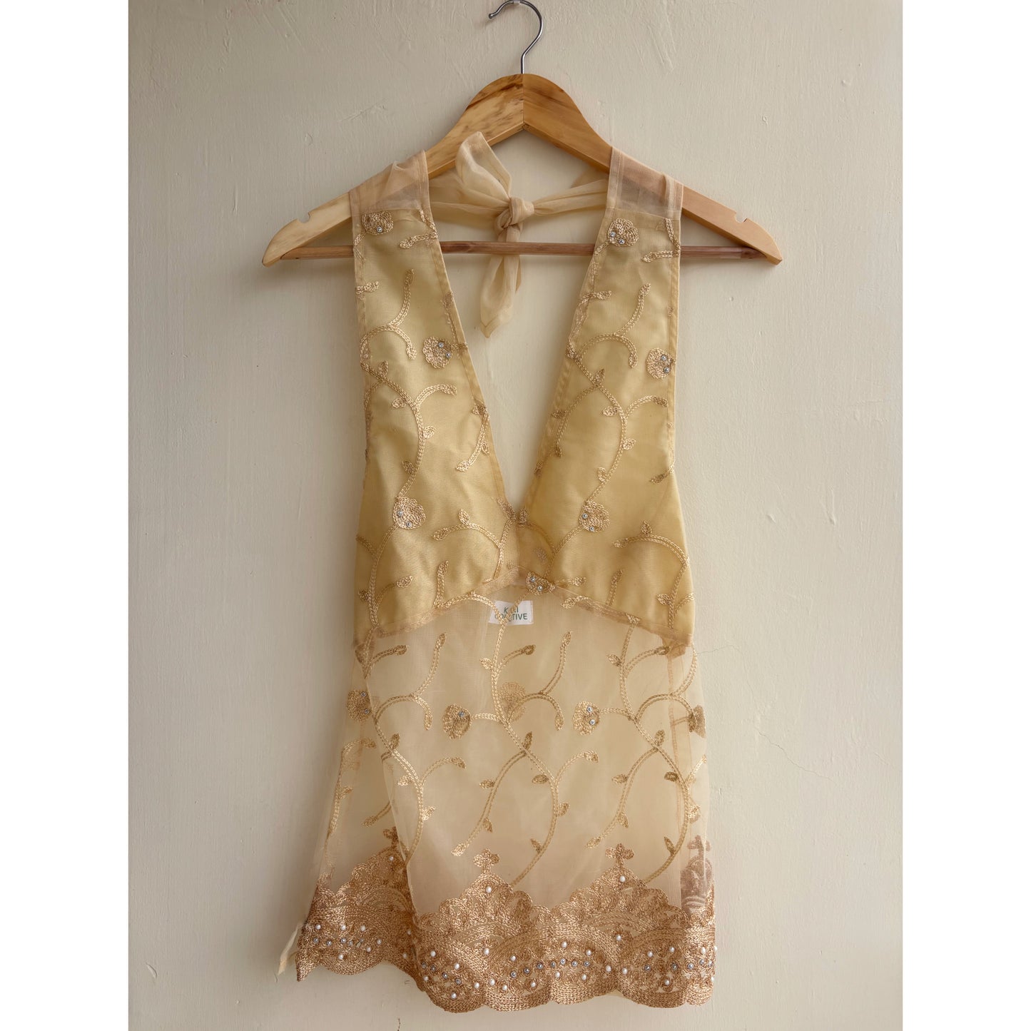 Beige mughal embroidered halter neck top