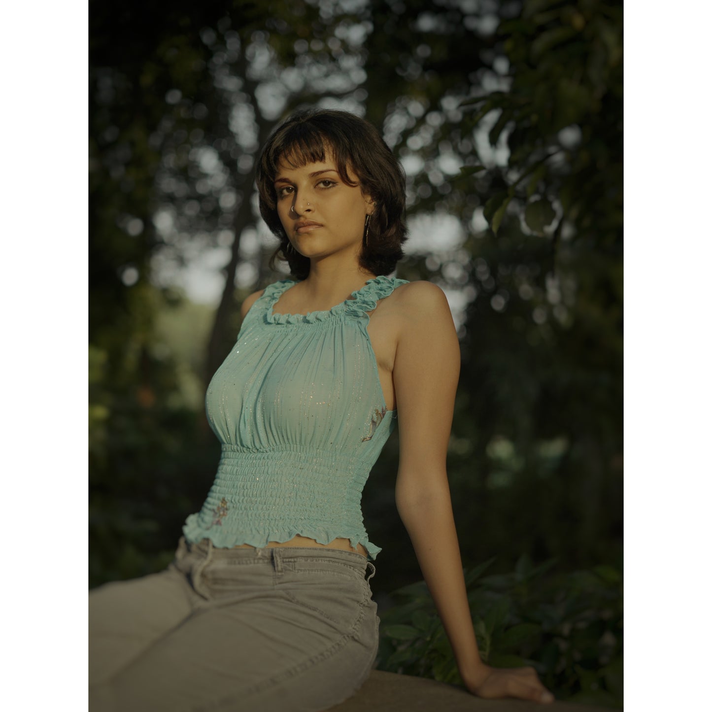 Sage Green Smocked Ruffle Top