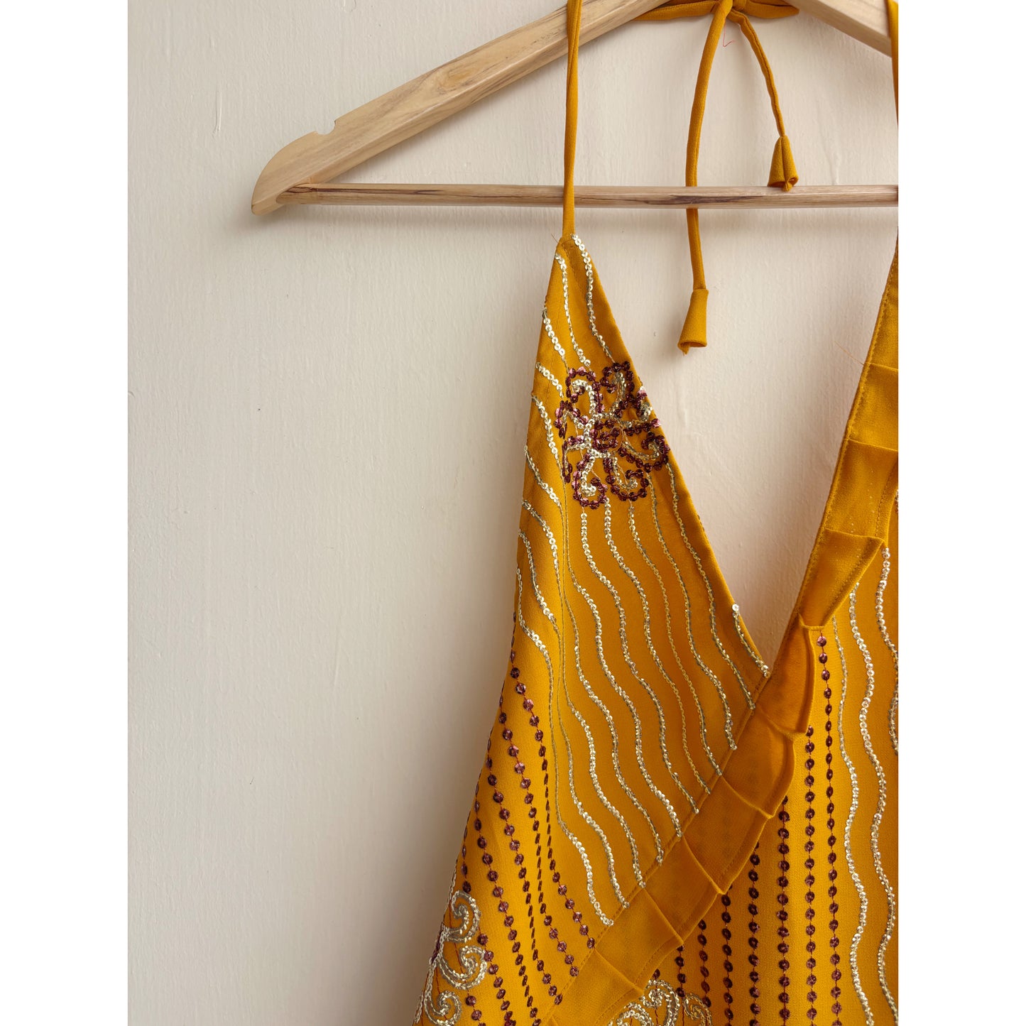 Mustard brown sequins halter top