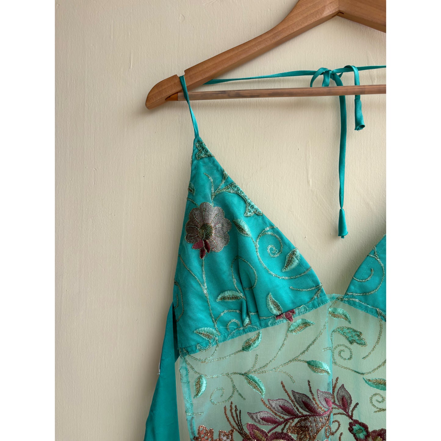 Teal floral embroidered top