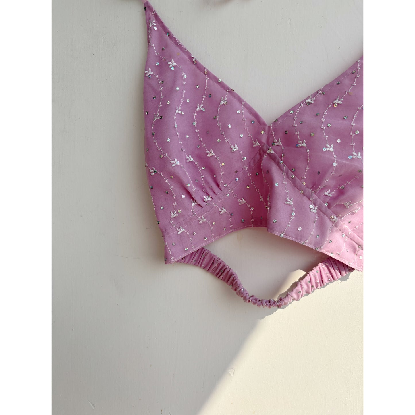 White sheer with pink embroidered bralette kurta